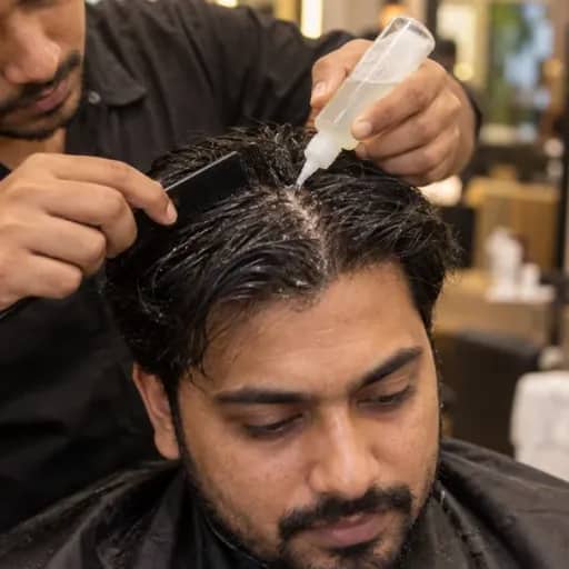 A clarifying lotion being applied along a customer’s scalp partings