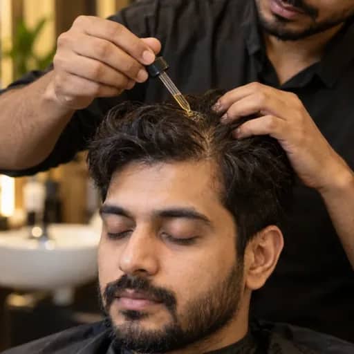 Nourishing oil being dropped onto a customer’s parted scalp