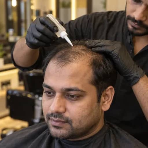 A hair-growth serum being applied to a customer’s thinning hairline