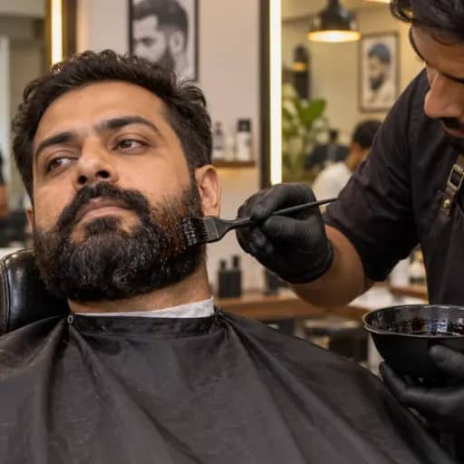 A barber brushing colour onto a customer’s beard