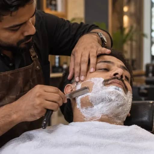 A barber giving a clean shave with a straight razor and foam
