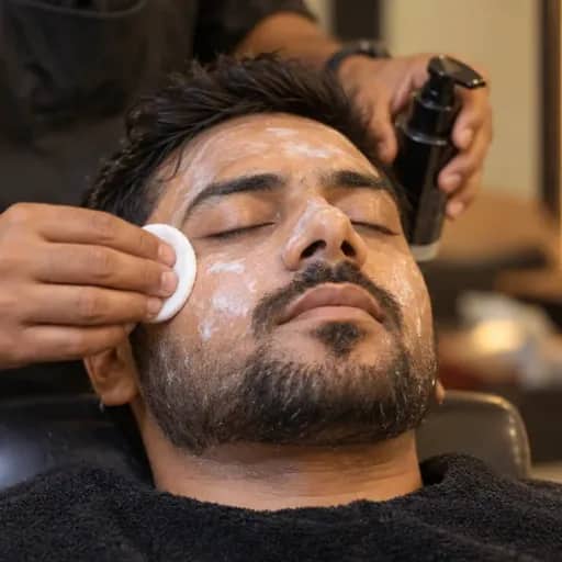 A therapist cleansing a customer’s face with a cotton pad for a skin cleanup