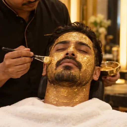 A gold-flecked facial mask being applied to a customer’s face