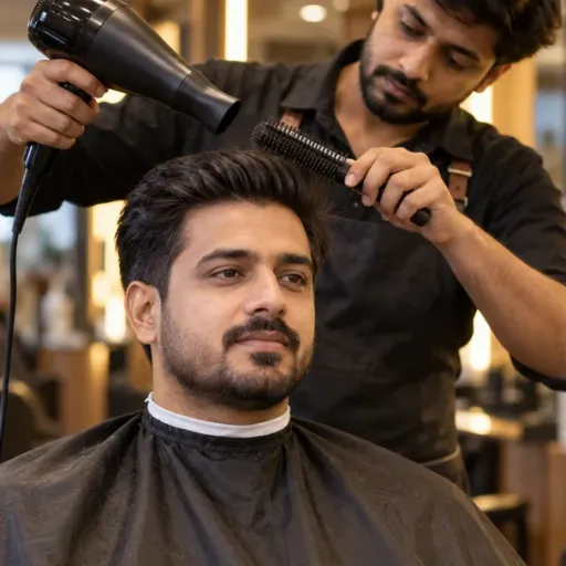 A stylist blow-drying and styling a customer’s hair after a cut and wash