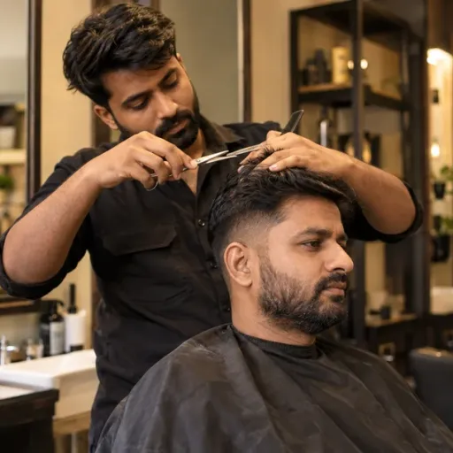 A barber cutting a customer’s hair with scissors and a comb