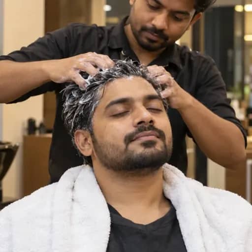 A therapist massaging hair-spa cream into a customer’s hair and scalp