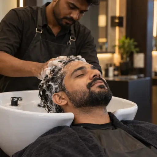 A customer leaning back at the basin while his hair is washed
