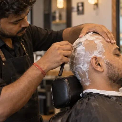 A barber shaving a customer’s head with a razor and foam