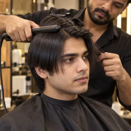 A stylist straightening a customer’s hair with a flat iron