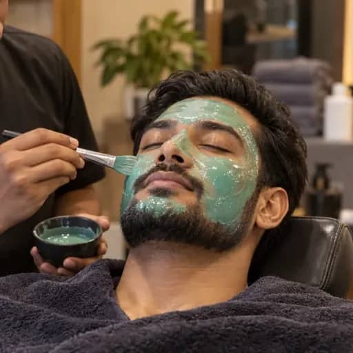 A fresh green oxygen-facial mask being brushed onto a customer’s face