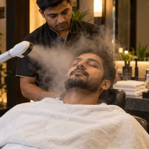 A customer having a deep-cleansing facial with a facial steamer