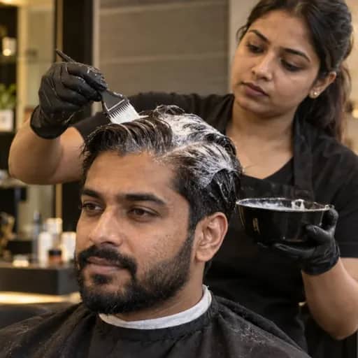 A stylist brushing protein cream onto a customer’s hair
