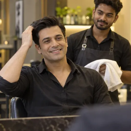 A freshly groomed customer smiling at himself in the mirror