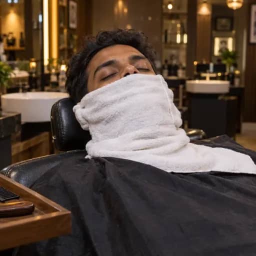 A customer relaxing in the chair with a warm towel over his face