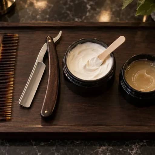 A comb, razor, de-tan cream and styling wax laid out on a tray