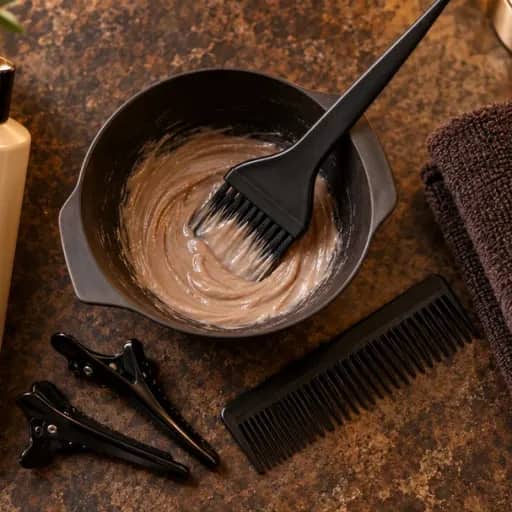 A hair colour bowl and brush with comb and clips on a counter