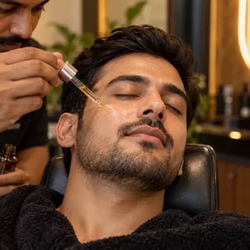 A brightening serum being dropped onto a customer’s cheek