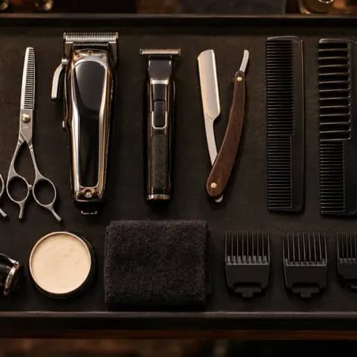 A barber’s full toolkit of scissors, clippers, razor and combs